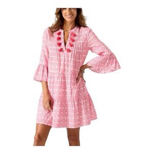 Tommy‎ Bahama Diamond Clip Jacquard 3/4 Bell Sleeve Dress Coral Coast Tassel XS